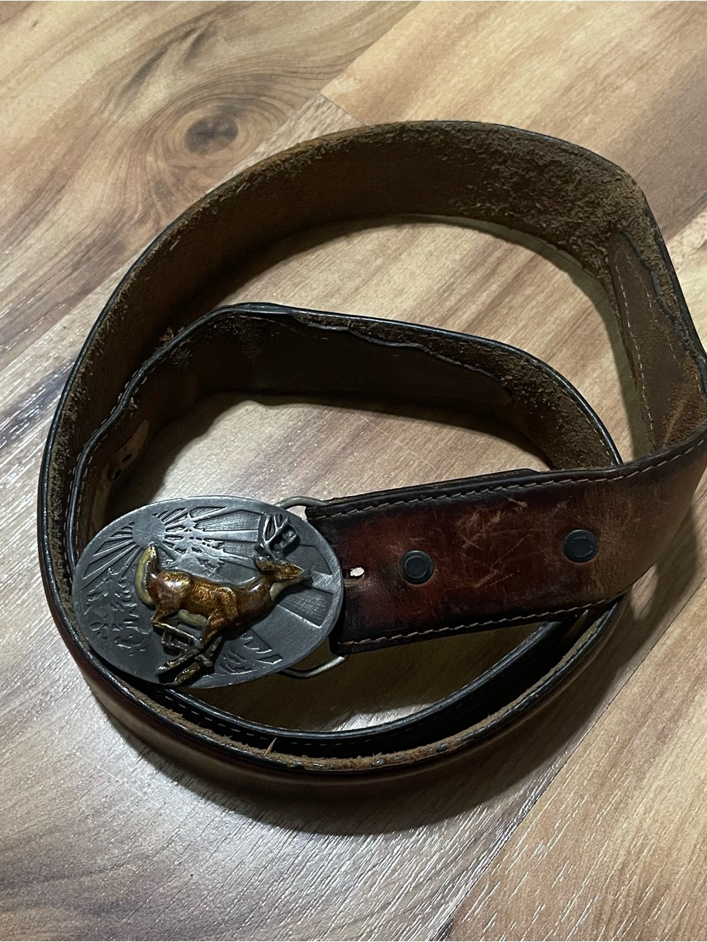 Vtg 1986 Siskiyou Deer Belt Buckle T-13 Silver Creek Leather Belt Men's Size 34